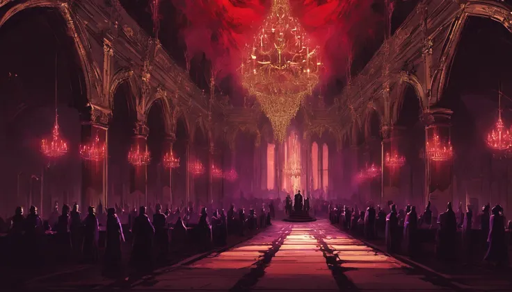 A demonic church dark shadowy dimly lit red and purple regal ball room with high chandeliers hanging from the ceiling. There is an open floor. There are masquerade masked people dancing waltz and a banquet. There is music playing. It is evil and sinister.