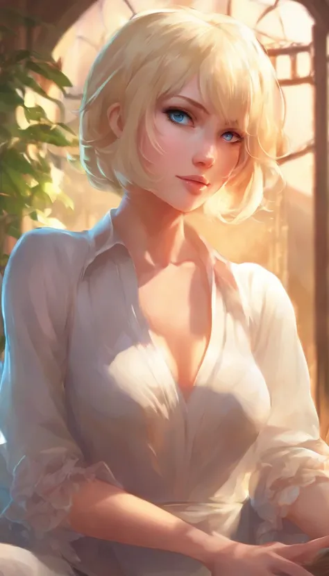 (short hair, blonde hair:1.5), blue eyes, sweating, glowing eyes, heavy breathing, breasts, 1girl, solo, looking_at_viewer, sitting, indoors, skirt, night, long_sleeves, ass, medium_breasts, jewelry, thighs, dutch_angle, pantyhose, chair, window, leaning_f...