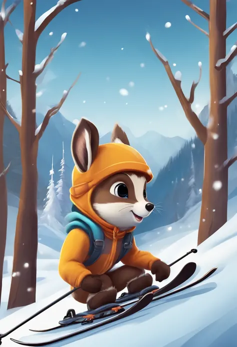 Baby chamois skiing cartoon style