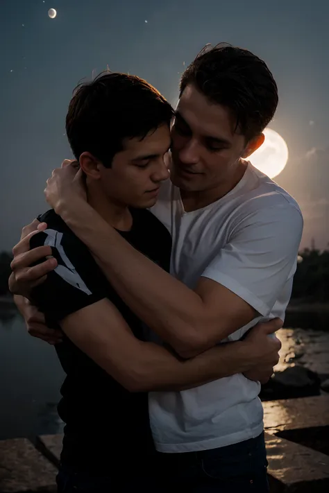 Father and son hugging over the moonlight