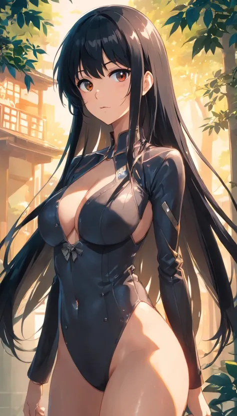 senjumaru shutara, (long hair, bangs, blunt bangs, black hair, sidelocks:1.5), (black eyes:1.5), makeup, lipstick, red lipstick, mechanical arms, sweating, glowing eyes, heavy breathing, breasts, 1girl, navel, cleavage, bare_shoulders, looking_at_viewer, s...