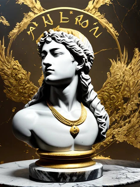 The hit song artist Joji but has a marble Greek statue with gold accents. Make it in the style of an album cover