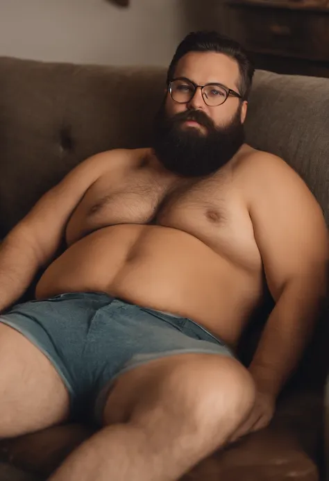 a soft, plump, thick, hairy man with a beard and glasses lies naked on the sofa, his penis is 15 cm