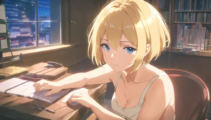 (short hair, blonde hair:1.5), blue eyes, sweating, glowing eyes, heavy breathing, breasts, 1girl, solo, looking_at_viewer, sitting, indoors, skirt, night, long_sleeves, ass, medium_breasts, jewelry, thighs, dutch_angle, pantyhose, chair, window, leaning_f...