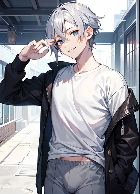 1guy, Handsome man,  Solo,Men with gray hair,Gray hair pubic area、Underpants, up looking_で_viewer,  ((masutepiece,Best Quality)), Beautiful detailed eyes, beautifull detailed face、Blue eyes、hair between eye、short-hair、logn hair、a cool、outer、twinks、Gray-hai...