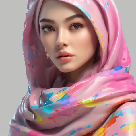 (Masterpiece, Best Quality, High Resolution, 4K Resolution, 8K Resolution, Realistic, Real human), White Background, ((Paint Splash, Color Splash, Splash of Ink, Color Splash)), Sweet Chinese Girl hijab, Rainbow Hair, Pink Lips, Front, Upper Body, hijab