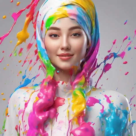 (Masterpiece, Best Quality, High Resolution, 4K Resolution, 8K Resolution, Realistic, Real human), White Background, ((Paint Splash, Color Splash, Splash of Ink, Color Splash)), Sweet Chinese Girl hijab, Rainbow Hair, Pink Lips, Front, Upper Body, hijab