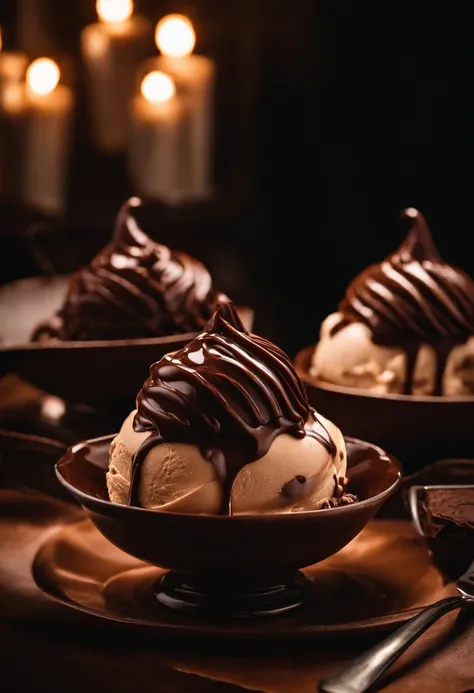 A glass ice cream bowl with three scoops of chocolate ice cream, covered in chocolate sauce, on top of a table in a setting that resembles an ice cream parlor.