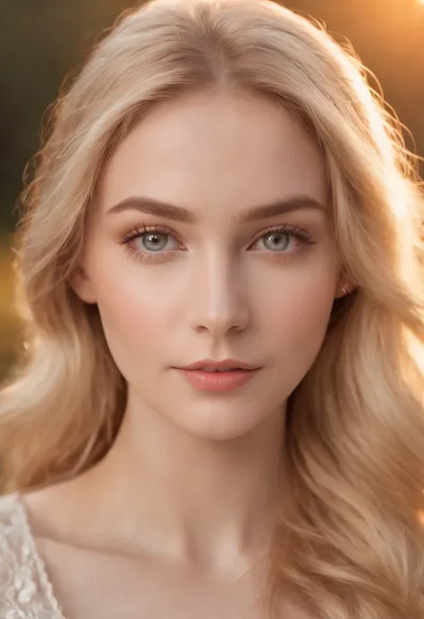 Generate a realistic image of a young woman with blonde hair and eyes that shine like precious jewels. Her hair falls in gentle golden waves around her face, framing a soft and lovely expression. Her skin is smooth and radiant, with a fair and perfectly ev...