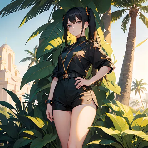 an anime girl wearing black shorts in front of palm trees, in the style of raphael lacoste, zhang jingna, serene faces, the stars art group (xing xing), peter lely, light orange and dark blue