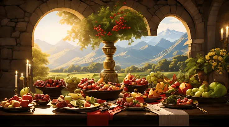 pintura de um homem  sentado a uma mesa com um cesto de frutas, biblical painting, bible illustration, biblical art style, Directed by: Marcello Bacciarelli, pintura ditigal, pintura de samarcanda, Directed by: Stefan Luchian, Directed by: Laszlo Balogh, D...