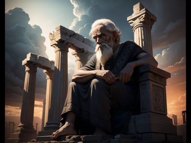 wise old man, sitting in the dark, showing full length, distant image, greek, carvings style, clouds in the background, blurred, dark background, destroyed buildings, 8k, epic light and shadow, high contrast, 100 b.c.