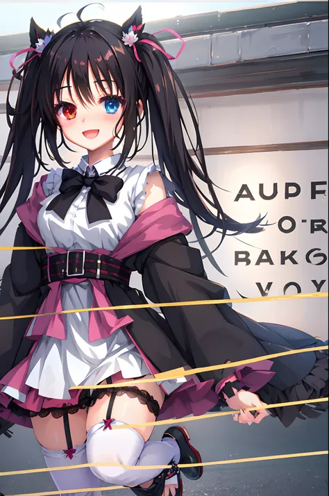 mesugaki,fantasy clothing,Twintails with black hair,Heterochromia,blushed face，Smile with open mouth,garter strap,Top image quality,Best Quality