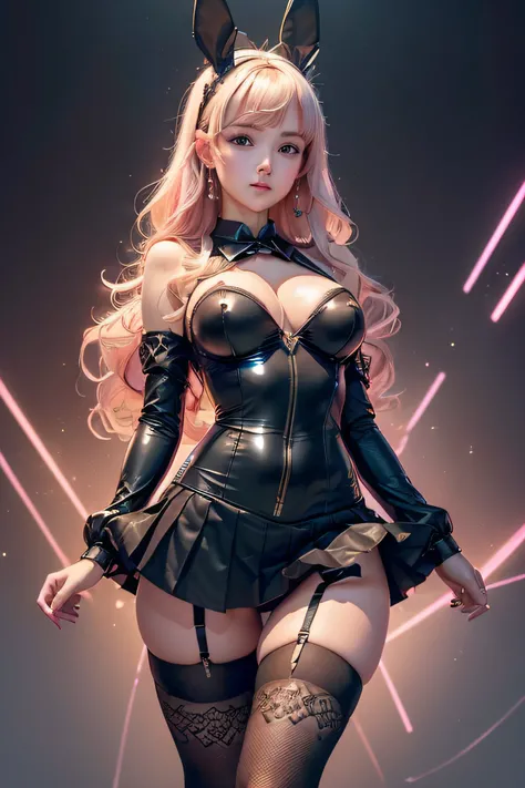 (((Hololive Vtuber bunnygirl,  Beautiful bimbo)) hyperrealism trending on Pixiv, ((gigantic breasts, cleavage perfect lighting perfect body perfect face perfect hands perfect fingers perfect breasts)) perfect shape (thick lips wide hips thick thighs small ...