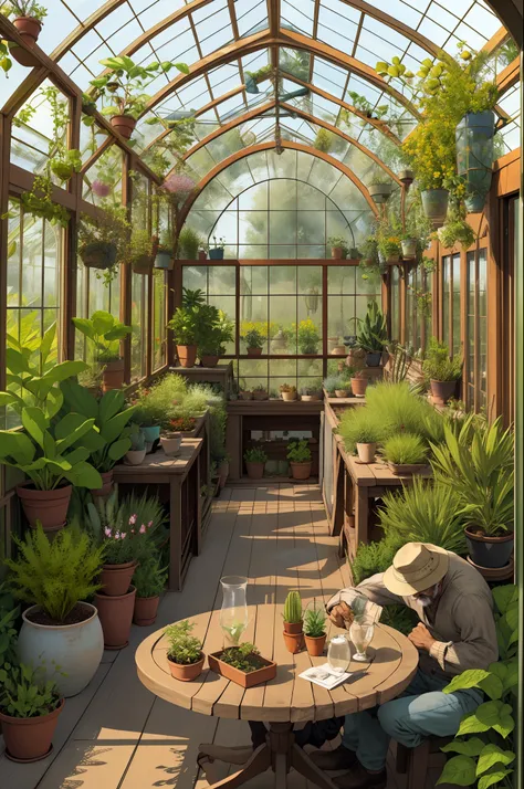 Glass greenhouse with various species of plants in an arid desert with tea table and people sitting at table talking and drinking tea in glass greenhouse