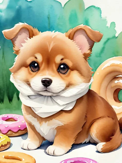 A total caramel color dog of the low ear kokoni, sitting next to some donuts and donuts, watercolor style, low ear, cute and capricious cartoon watercolor, adorable caramel, illustration, kawaii, chibi, paper watercolor, clear and detailed, 8k