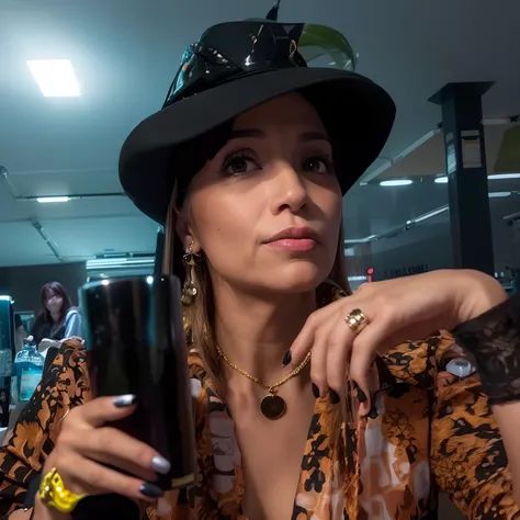 Woman wearing a black hat and a leopard print shirt holding a drink, Magda Torres Gurza, imagem de perfil, fernanda suarez, Directed by: Nandor Soldier, inspirado em Maria Helena Vieira da Silva, In Sao Paulo, taken in the early 2020s, inspired by Verónica...