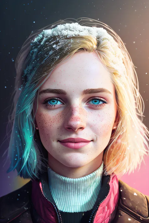 portrait of beautiful smiling woman with some freckles, snow-covered mountain landscape background by ilya kuvshinov and annie leibowitz. synthwave watercolor painting on canvas trending in artstation dramatic lighting abstract expressionism pastel shades ...