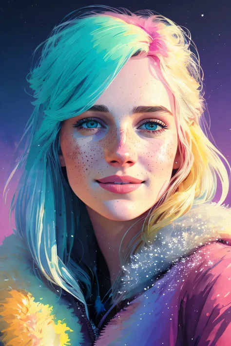 portrait of beautiful smiling woman with some freckles, snow-covered mountain landscape background by ilya kuvshinov and annie leibowitz. synthwave watercolor painting on canvas trending in artstation dramatic lighting abstract expressionism pastel shades ...