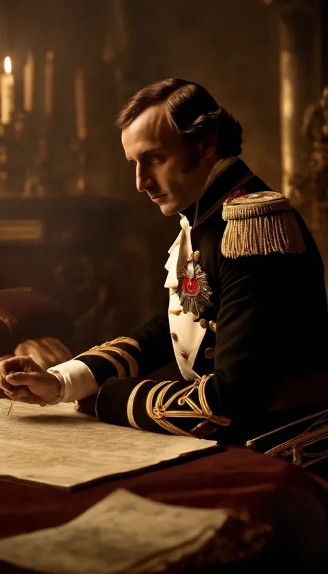 Napoleon Bonaparte meeting with his generals, he is pointing out a strategy on a table that has a map, epic, particles flying across the scene, illustration