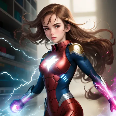 Make a girl with super electrical powers who has brown hair and who is a superhero