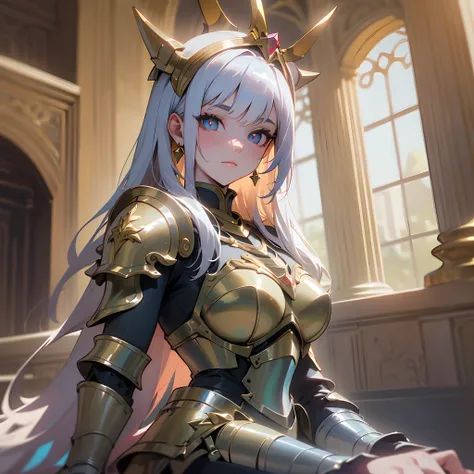 (8k, Best quality:1.2), (Masterpiece:1.37), (photo, photoreallistic:1.37), (ultra-high-resolution), corps entier, (Sitting on the floor), pose dynamique, ralenti, Female paladin wearing upper body, (Light silver armor:1.2),(richly decorated armor), (incred...