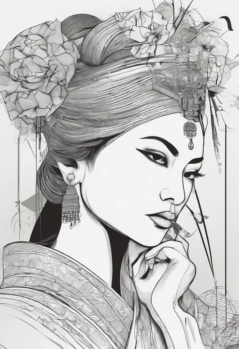 Closeup on face ,masterpiece, best quality, ultra-detailed,((geisha)) ,cybernetica,cybernetic parts,line art