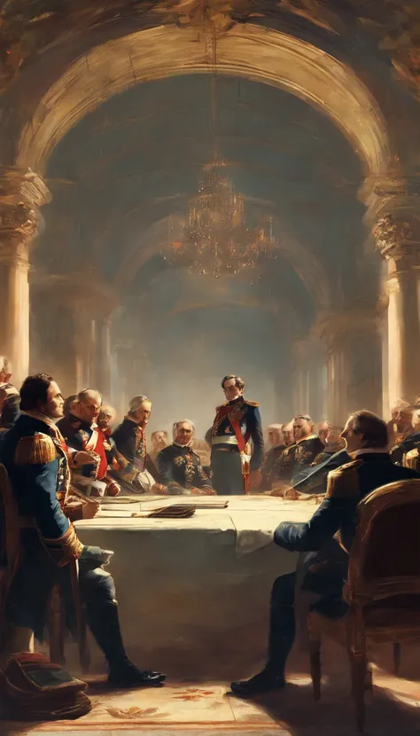 Napoleon Bonaparte meeting with his generals, he is pointing out a strategy on a table that has a map, epic, particles flying across the scene, illustration