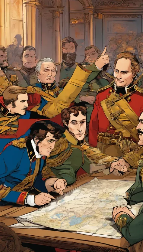 Napoleon Bonaparte meeting with his generals, he is pointing out a strategy on a table that has a map, epic, particles flying across the scene, illustration