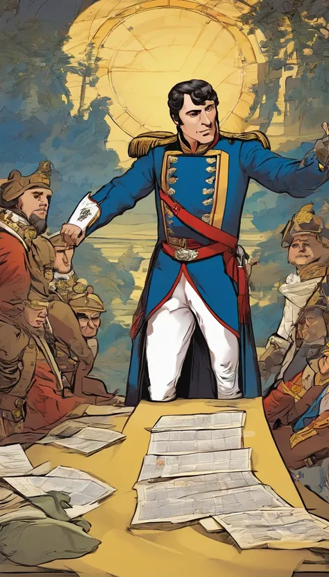 Napoleon Bonaparte meeting with his generals, he is pointing out a strategy on a table that has a map, epic, particles flying across the scene, illustration