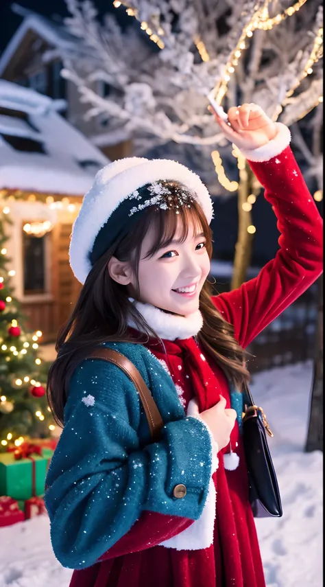 In the snow-covered cityscape、Under the illuminated Christmas tree、A girl in a Santa costume is standing smiling。Her outfit is a red velvet dress、There is a white fur collar or cuffs。Her hair is decorated with ribbons,、Wearing a red Santa hat。In her hand i...