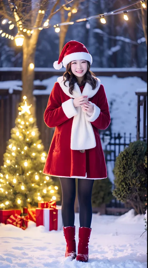 In the snow-covered cityscape、Under the illuminated Christmas tree、A girl in a Santa costume is standing smiling。Her outfit is a red velvet dress、There is a white fur collar or cuffs。Her hair is decorated with ribbons,、Wearing a red Santa hat。In her hand i...