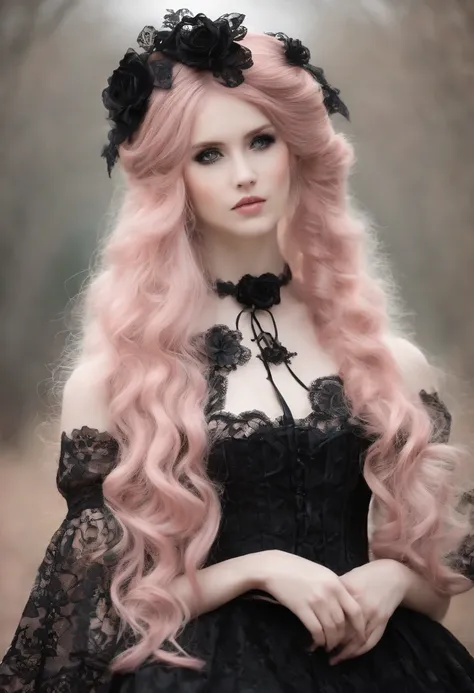 Anime gothic lolita in black lace dress:

hair color: Long pink hair with black lace ribbons.
Eyes: Large blue eyes with a secret depth.
Physique: A mysteriously fragile figure.
Features: Gothic lolita dressed in an exquisite black lace dress with a high c...