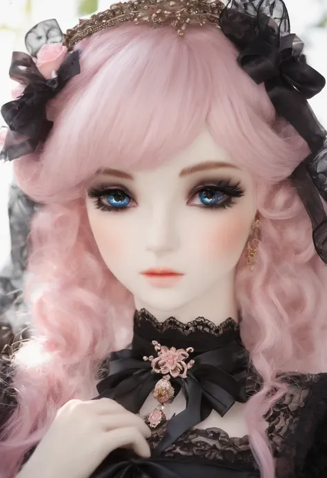 Anime gothic lolita in black lace dress:

hair color: Long pink hair with black lace ribbons.
Eyes: Large blue eyes with a secret depth.
Physique: A mysteriously fragile figure.
Features: Gothic lolita dressed in an exquisite black lace dress with a high c...