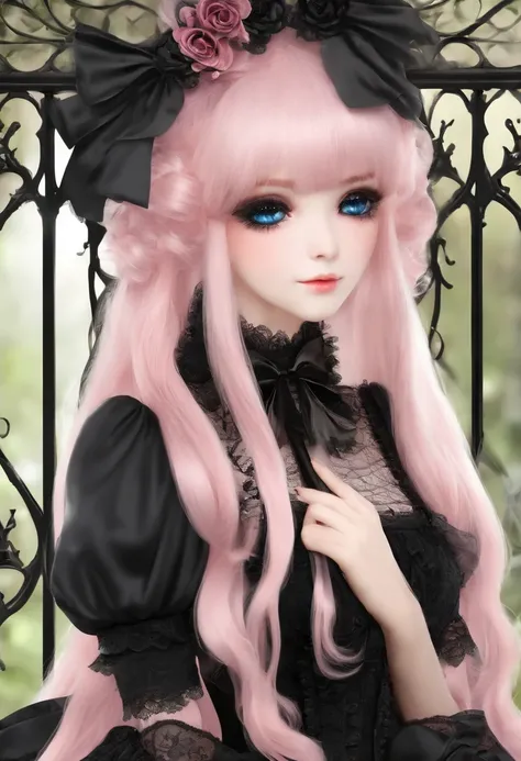 Anime gothic lolita in black lace dress:

hair color: Long pink hair with black lace ribbons.
Eyes: Large blue eyes with a secret depth.
Physique: A mysteriously fragile figure.
Features: Gothic lolita dressed in an exquisite black lace dress with a high c...