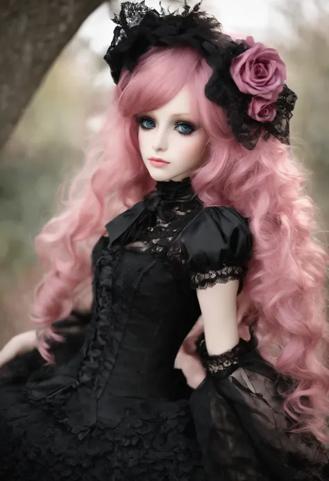 Anime gothic lolita in black lace dress:

hair color: Long pink hair with black lace ribbons.
Eyes: Large blue eyes with a secret depth.
Physique: A mysteriously fragile figure.
Features: Gothic lolita dressed in an exquisite black lace dress with a high c...