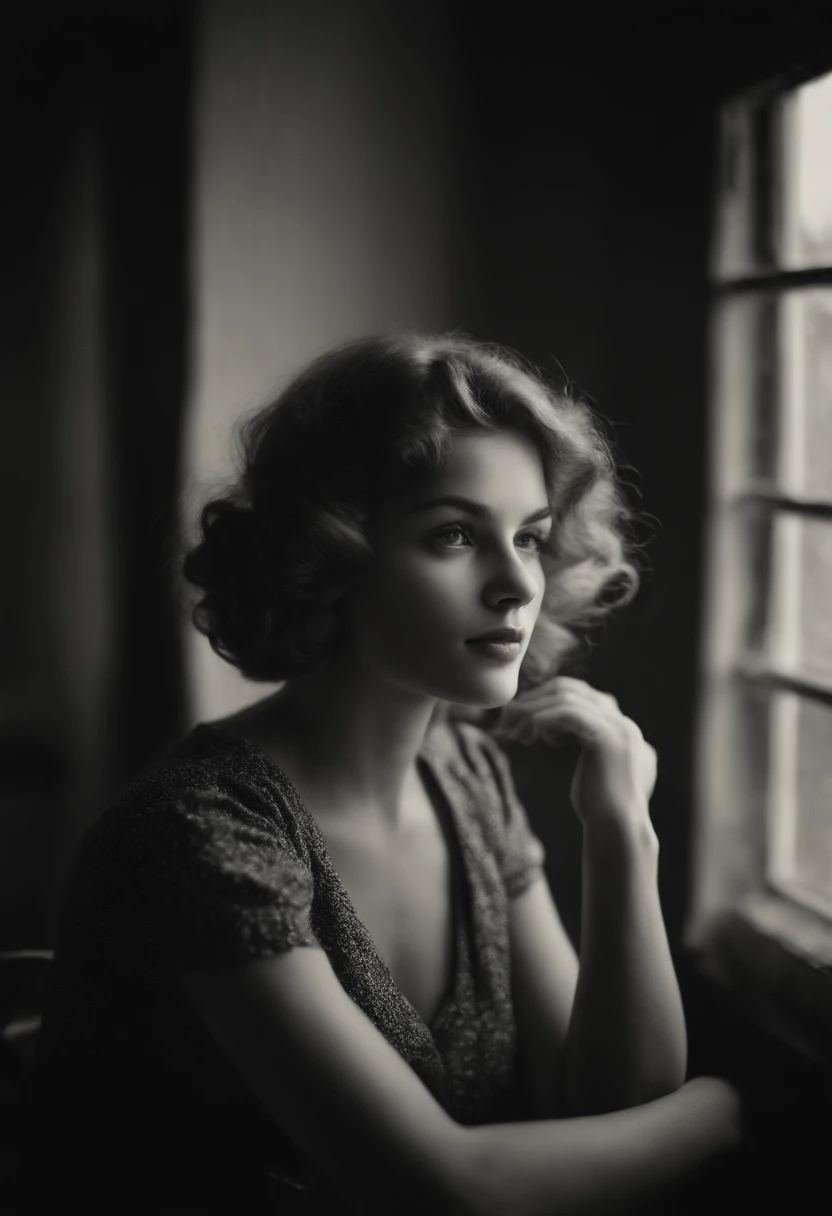 highres, nostalgic portrait, vintage film style, soft lighting, faded colors, grainy texture, freckles, natural beauty, curious expression, wavy hair, dreamy atmosphere, shallow depth of field, candid moment, classic black and white, 1960s fashion, retro c...