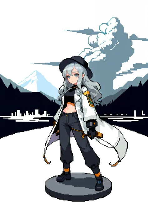 1female, adult, silver hair, long hair, wavy hair, grey eyes, oversized white coat, black crop top, baggy pants, black pail hat, standing on path, mountain, perfect lighting, lightning background