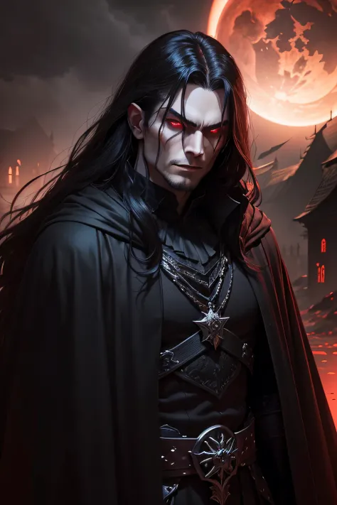 a dark muscular male evil lord, long flowing black hair, black and red cloak, piercing red eyes, menacing expression, powerful aura, standing in a dimly lit chamber,, casting eerie shadows, , adorned with intricate details, with a sinister grin, exuding an...