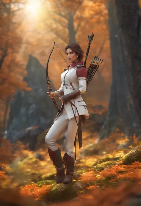 Crie a imagem de uma mulher cabelos lisos castanhos, wearing a pair of leather pants and a white long-sleeved blouse. With bow and arrows on his back with a knife in his hands. Standing on a mountain full of trees with berries