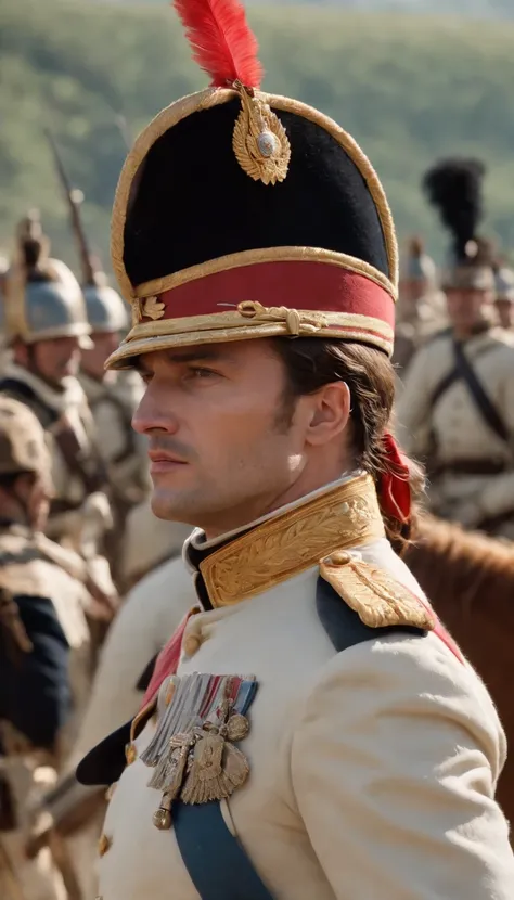 best quality,ultra-detailed,realistic:1.37,Napoleon Bonapart,1man,standing tall,confidently addressing his army in the battlefield,military uniform,ornate golden epaulettes,shiny brass buttons,red and blue sash across his chest,elaborate hat with a feather...