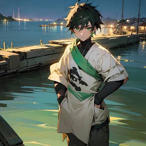 1male, young teen, finely detailed green eyes, messy short black hair green highlights, night time fishing village, posing with hand in pocket, bandages wrapped around arms, loose casual clothing