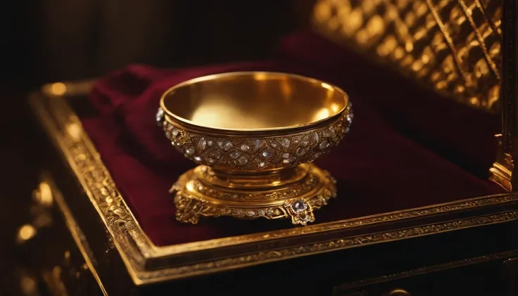 a chest of gold, with diamonds, and a golden cup on top of the chest