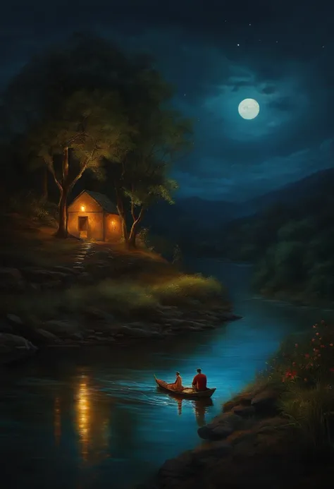 In the darkness of a beautiful night
A man sits on the bank of a river with his flock and a woman swims down the river to meet him. generate a clear and distint miniature painting of the scene.