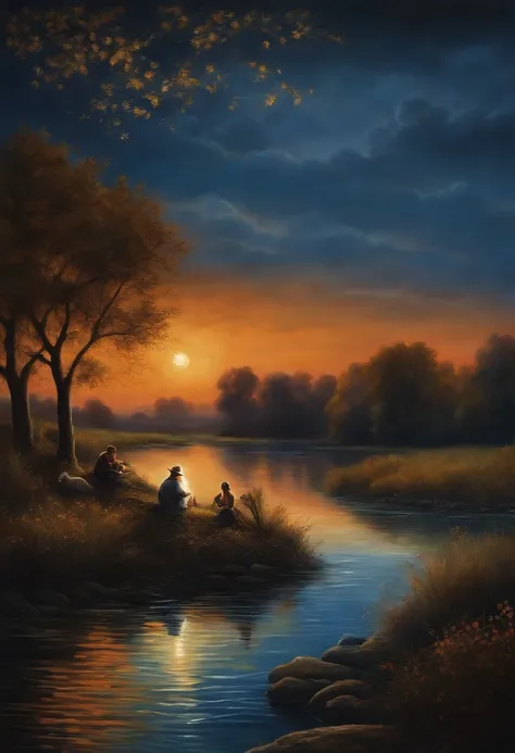 In the darkness of a beautiful night
A man sits on the bank of a river with his flock and a woman swims down the river to meet him. generate a clear and distint miniature painting of the scene.