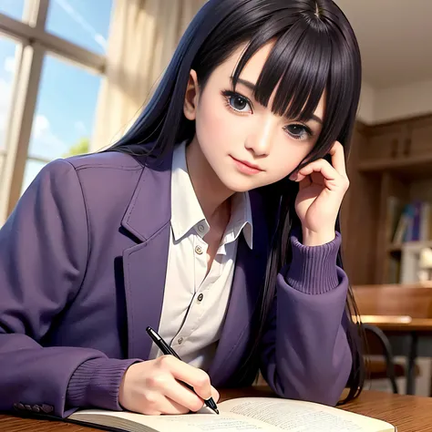 A young man in a school uniform, with purple eyes and dark black hair, was studying seriously.