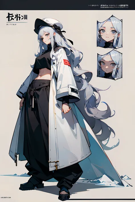 (Masterpiece quality) (character design sheet, front, back, side) illustration, 1female, adult, silver hair, long hair, wavy hair, grey eyes, oversized white coat, black crop top, baggy pants, black pail hat, standing on path, mountain,