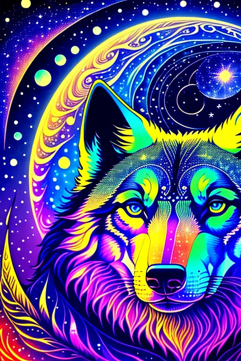 A magnificent, realistic and highly detailed psychedelic wolf, he gazes out at the magnificent moon and galaxy. In the style tag