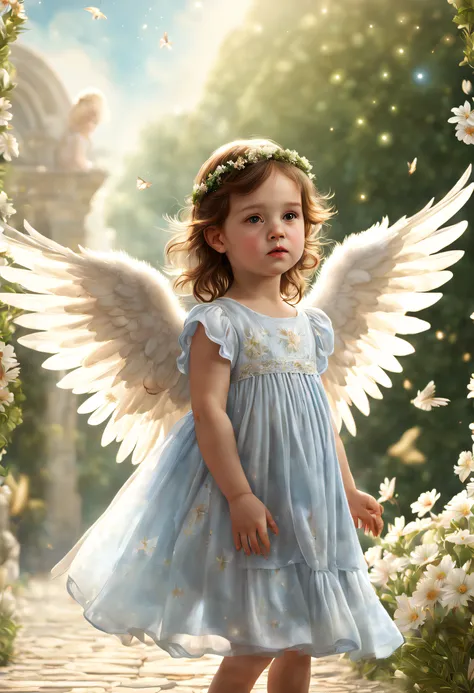 (best quality, 4k, 8k, high resolution, masterpiece: 1.2), ultra detailed, (realistic, photorealistic, photorealistic: 1.37), the eighteen month old girl is a beautiful angel, brown hair, brown eyes, European style face, wings spread gracefully 。I closed m...