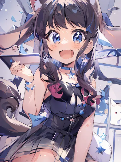 anime girl with a cat tail and a cat tail in her hand, cute anime waifu in a nice dress, visual anime de uma menina bonito, arte...